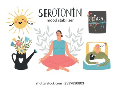 Mood stabilizer, serotonin hormone health colorful vector illustration of , brain health, science chemical mood concept