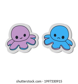 Mood sticker, happy and bad mood, funny character sticker. Cartoon octopus Vector