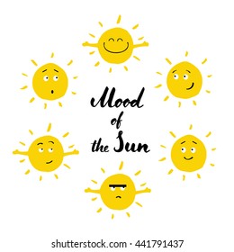 Mood of the Sun. Smiling icon set isolated on white background. Positive Vector illustration. Trend calligraphy. Hand lettering typography poster. 