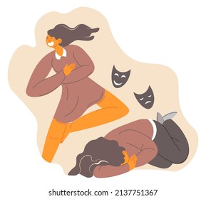 Mood swing and changes of person with personality disorder, bipolar woman. Depression and negative emotions, personage in need of therapy and psychiatric help. Vector in flat style illustration