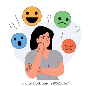 Mood Swing Concept. Many Emotions Surround Young Female With Bipolar Disorder. Woman Suffers From Hormonal With A Change In Mood. Mental Health Vector Illustration. Suffering From Bipolar Disorder