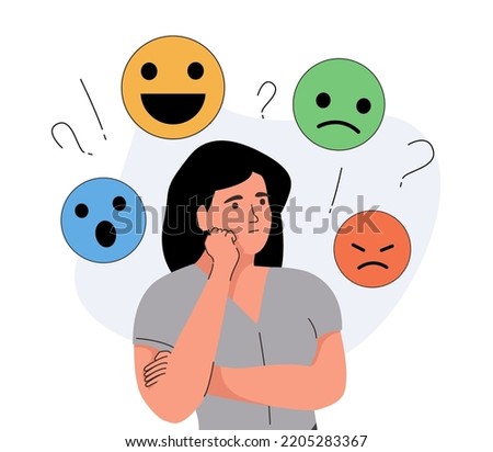 Mood swing concept. Many emotions surround young female with Bipolar disorder. Woman suffers from hormonal with a change in mood. Mental health vector illustration. Suffering from bipolar disorder