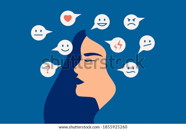 Mood swing concept. Many\
emotions surround young female with Bipolar disorder. Woman suffers\
from hormonal with a change in mood. Mental health vector\
illustration