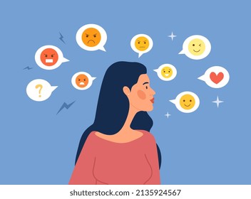 Mood swing concept. Young girl surrounded by emoji, icons for social networks. Woman suffers from hormones and mood swings. Joy and sadness, peace and anger. Cartoon flat vector illustration