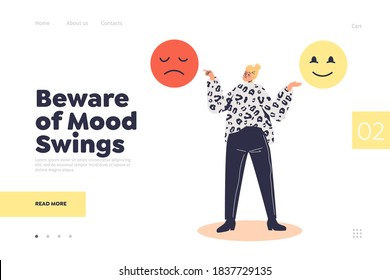 Mood swings awareness concept of landing page with woman choosing of happy or sad smile faces. Human emotions, positivity and sadness. Cartoon vector illustration