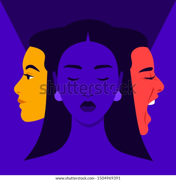 Mood\
swings. Bipolar disorder. Joy and aggression. Scream and smile.\
Female face in profile. Vector flat\
illustration