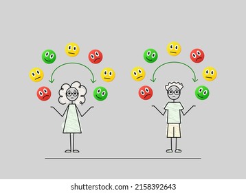 mood swings control, cute little teenager boy and girl characters having a mood changing rapidly, fluctuating emotions, simple doodle illustration with green yellow and red emojies