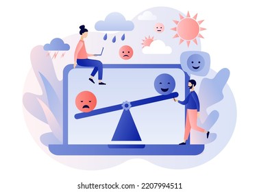 Mood swings. Emotions change. Emotional balance. Psychology disorder, mental problem, stress, anxiety and life crisis. Bipolar emotion. Modern flat cartoon style. Vector illustration 