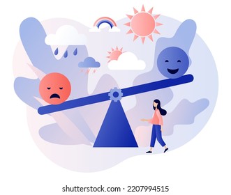 Mood swings. Emotions change. Emotional balance. Psychology disorder, mental problem, stress, anxiety and life crisis. Bipolar emotion. Modern flat cartoon style. Vector illustration 
