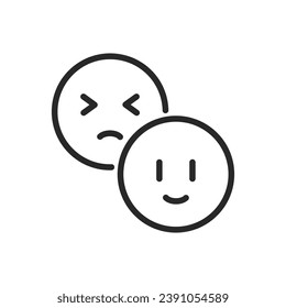 Icono de swings de humor. Signo aislado editable de contorno vectorial de dos caras sonrientes que representan buen y mal estado de ánimo, simbolizando el rápido cambio de emociones en las oscilaciones del estado de ánimo.