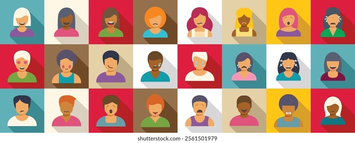 Mood swings icons set. Set of diverse people avatars expressing different emotions and facial expressions with colorful background