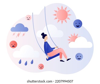 Mood swings woman. Emotions change. Psychology disorder, mental problem, stress, anxiety and life crisis. Bipolar emotion. Emotional balance. Modern flat cartoon style. Vector illustration 