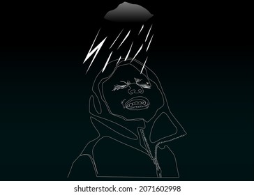 mood of a teenager. rain cloud and raindrops hit the young man's face and he turns his face to rain. a reflection of a person's emotionally depressed mood. rainy weather mood theme. t-shirt design