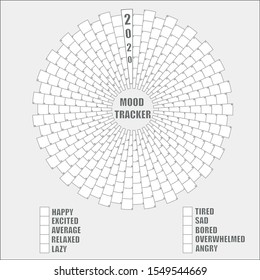 Mood tracker for 2020. Habit tracker blank to fill every day. Bullet journal template. Monthly planner