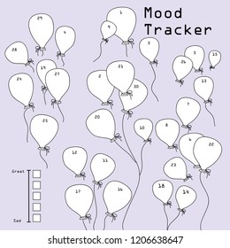 Mood tracker for 30 days of a month with cute hand drawn balloons to fill out for each day for personal development tracking. Vector design.