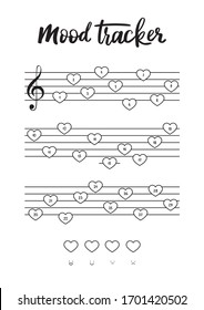 Mood Tracker for A4 Print on February. Hearts on the sheet music. Tracker for tracking your daily mood for 29 days