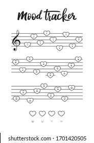 Mood Tracker for A4 Print on February. Hearts on the sheet music. Tracker for tracking your daily mood for 28 days