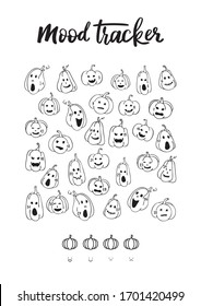 Mood Tracker for A4 Printing on October. Halloween pumpkins Jack-o-lanterns. Tracker to track your daily mood for 31 days