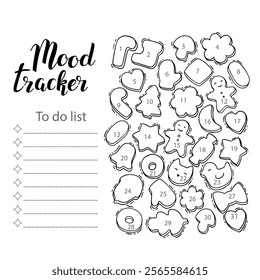 Mood tracker blank with hand drawn lettering and floral sketch. Bullet journal or monthly planer template. Printable organizer, diary, planner for important goals