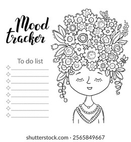 Mood tracker blank with hand drawn lettering and floral sketch. Bullet journal or monthly planer template. Printable organizer, diary, planner for important goals