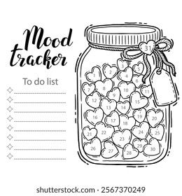 Mood tracker blank with hand drawn lettering and Valentines day sketch. Bullet journal or monthly planer template. Printable organizer, diary, planner for important goals