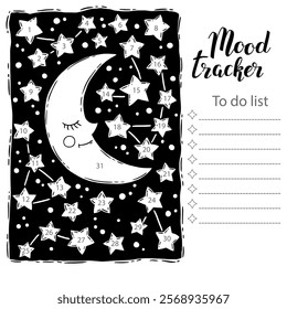 Mood tracker blank with hand drawn lettering, crescent and starry sky. Bullet journal or monthly planer template. Printable organizer, diary, planner for important goals