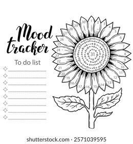 Mood tracker blank with hand drawn lettering and sunflower sketch. Bullet journal or monthly planer template. Printable organizer, diary, planner for important goals