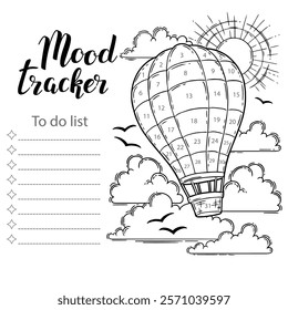 Mood tracker blank with hand drawn lettering and balloon sketch. Bullet journal or monthly planer template. Printable organizer, diary, planner for important goals