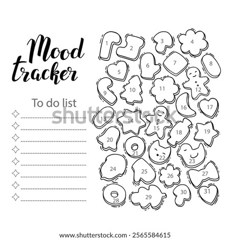 Mood tracker blank with hand drawn lettering and floral sketch. Bullet journal or monthly planer template. Printable organizer, diary, planner for important goals