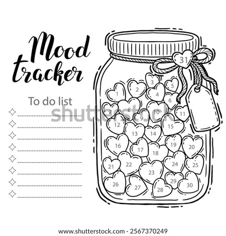 Mood tracker blank with hand drawn lettering and Valentines day sketch. Bullet journal or monthly planer template. Printable organizer, diary, planner for important goals
