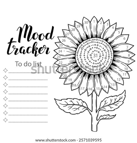 Mood tracker blank with hand drawn lettering and sunflower sketch. Bullet journal or monthly planer template. Printable organizer, diary, planner for important goals