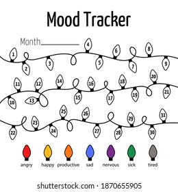 Mood tracker calendar. Year in pixels, Mood Planner, Feelings Tracker. Vector illustrations