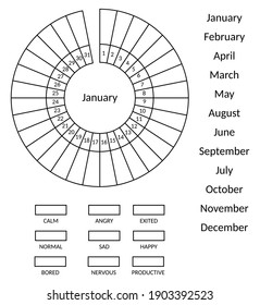 Mood tracker circle blank with numbers and months. Bullet journal monochrome template.