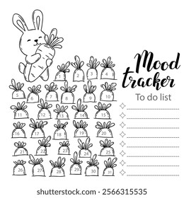 Mood tracker, to doo list, blank with hand drawn lettering and floral sketch. Bullet journal or monthly planer template. Printable organizer, diary, planner for important goals