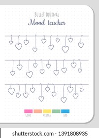 Mood tracker with hanging hearts. Bullet journal blank page template. Daily planner for 31 days.