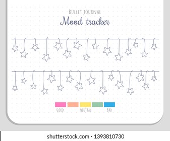 Mood tracker with hanging stars for 31 days of a month. Bullet journal page template without numbers.