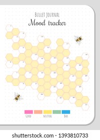 Mood tracker with honeycombs and bees for 31 days of a month. Bullet journal colorful blank page template with numbers for each day.