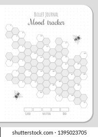 Mood tracker with honeycombs and bees for 31 days of a month. Bullet journal monochrome blank page template with numbers for each day.