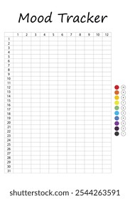 Mood tracker in pixels. Calendar munthly, yearly, weekly, dayly organizer. Calendar for personal and work issues. Feelings Planner, habit tracker. Vector illustration.