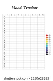 Mood tracker in pixels. Calendar munthly, yearly, weekly, dayly organizer. Calendar for personal and work issues. Feelings Planner, habit tracker. Vector illustration.