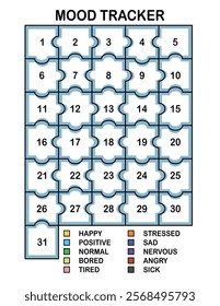 Mood tracker in pixels. Calendar munthly, yearly, weekly, dayly organizer. Calendar for personal and work issues. Feelings Planner, habit tracker. Vector illustration.