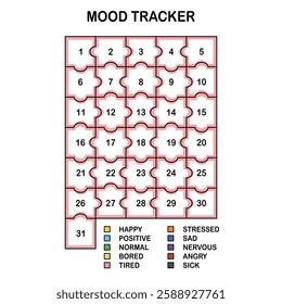 Mood tracker in pixels. Calendar munthly, yearly, weekly, dayly organizer. Calendar for personal and work issues. Feelings Planner, habit tracker. Vector illustration.