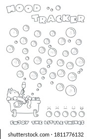 Mood Tracker. Printable mood tracker decorated with a funny cat drinking champagne in a bath. Vector 10 ESP.