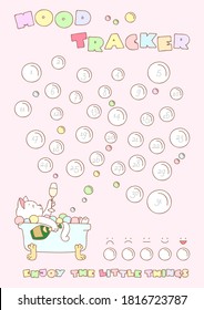 Mood Tracker. Printable mood tracker decorated with a funny cat drinking champagne in a bath. Vector 10 ESP.