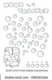 Mood Tracker. Printable mood tracker decorated with a funny cat holding a champagne glass. Vector 10 ESP.