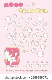 Mood Tracker. Printable mood tracker decorated with a funny cat holding a champagne glass. Vector 10 ESP.