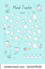 Mood Tracker. Printable mood tracker decorated with little mermaid kittens and sea creatures. Vector 10 ESP.