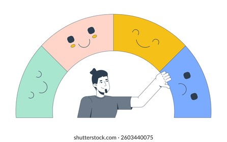 Mood tracking 2D illustration concept. Emotional awareness. Wellbeing tracker. Self regulation. Man choosing emotions from spectrum cartoon character isolated on white. Flat abstract vector graphic