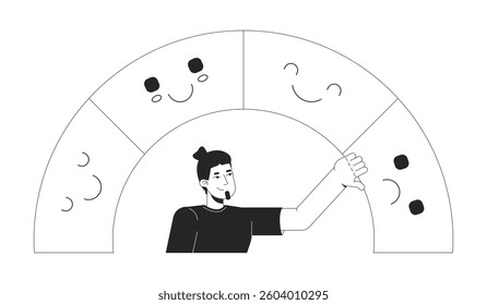 Mood tracking line illustration concept. Emotional awareness. Wellbeing tracker. Self regulation. Man choosing emotions from spectrum outline 2D character isolated. Ink linear drawing vector art