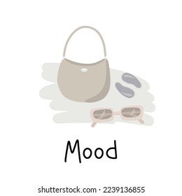 Ilustración de los vectores de humor bolsa de las mujeres, parches, gafas en estilo de dibujos animados para pegatinas, impresiones, afiches, tarjetas